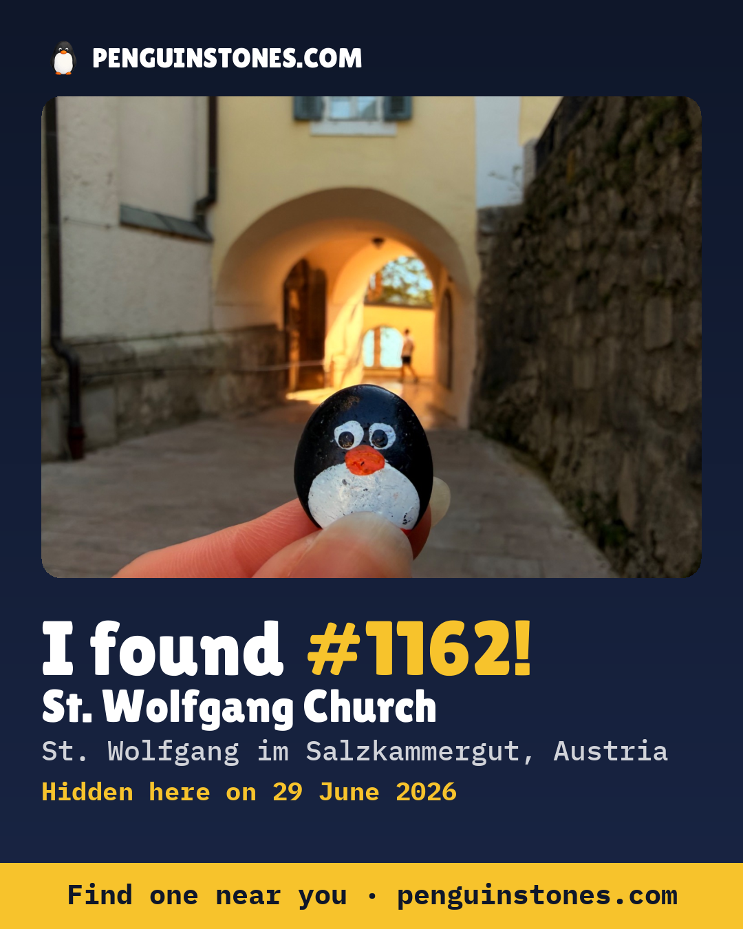 Obrázok s nápisom „I found #1162“: fotka kameňa, kde je a ako ďaleko docestoval