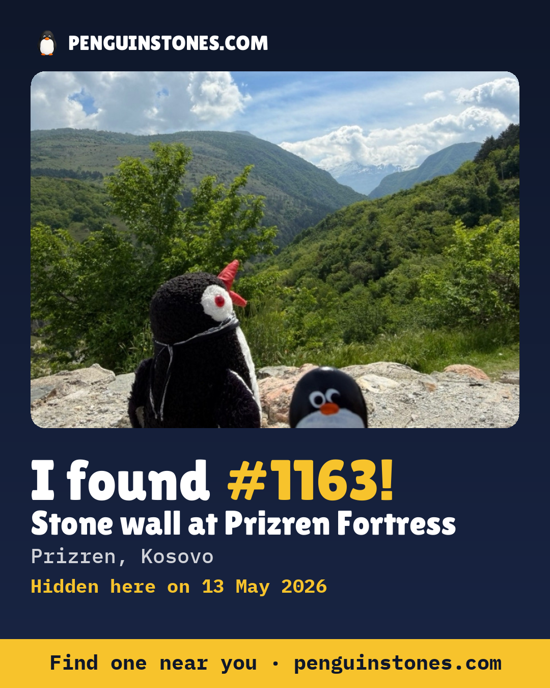 Obrázok s nápisom „I found #1163“: fotka kameňa, kde je a ako ďaleko docestoval