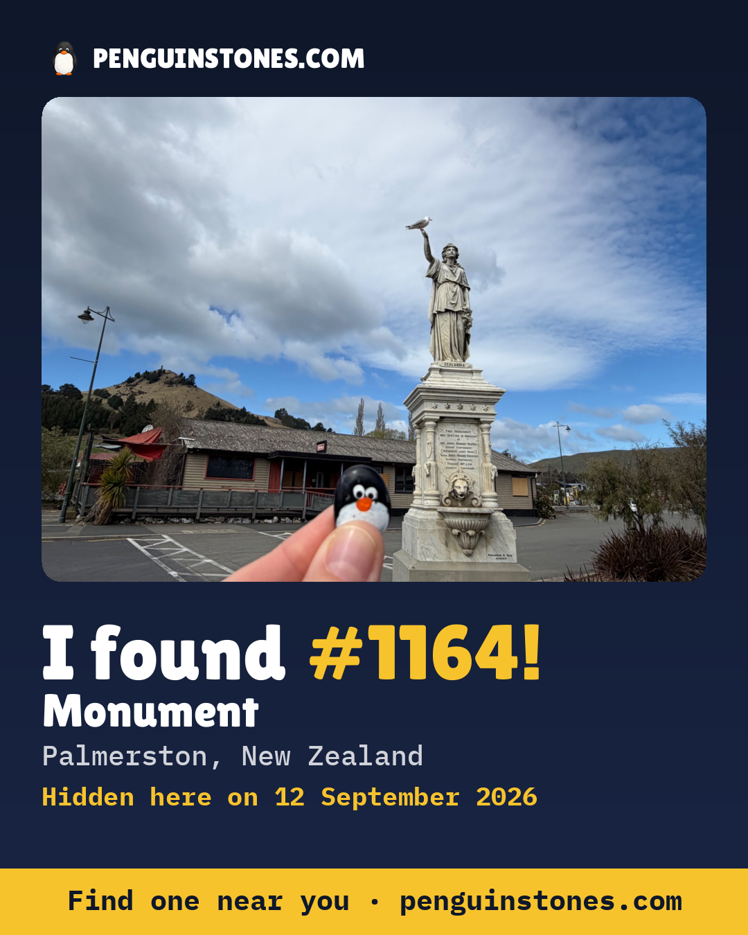Obrázok s nápisom „I found #1164“: fotka kameňa, kde je a ako ďaleko docestoval
