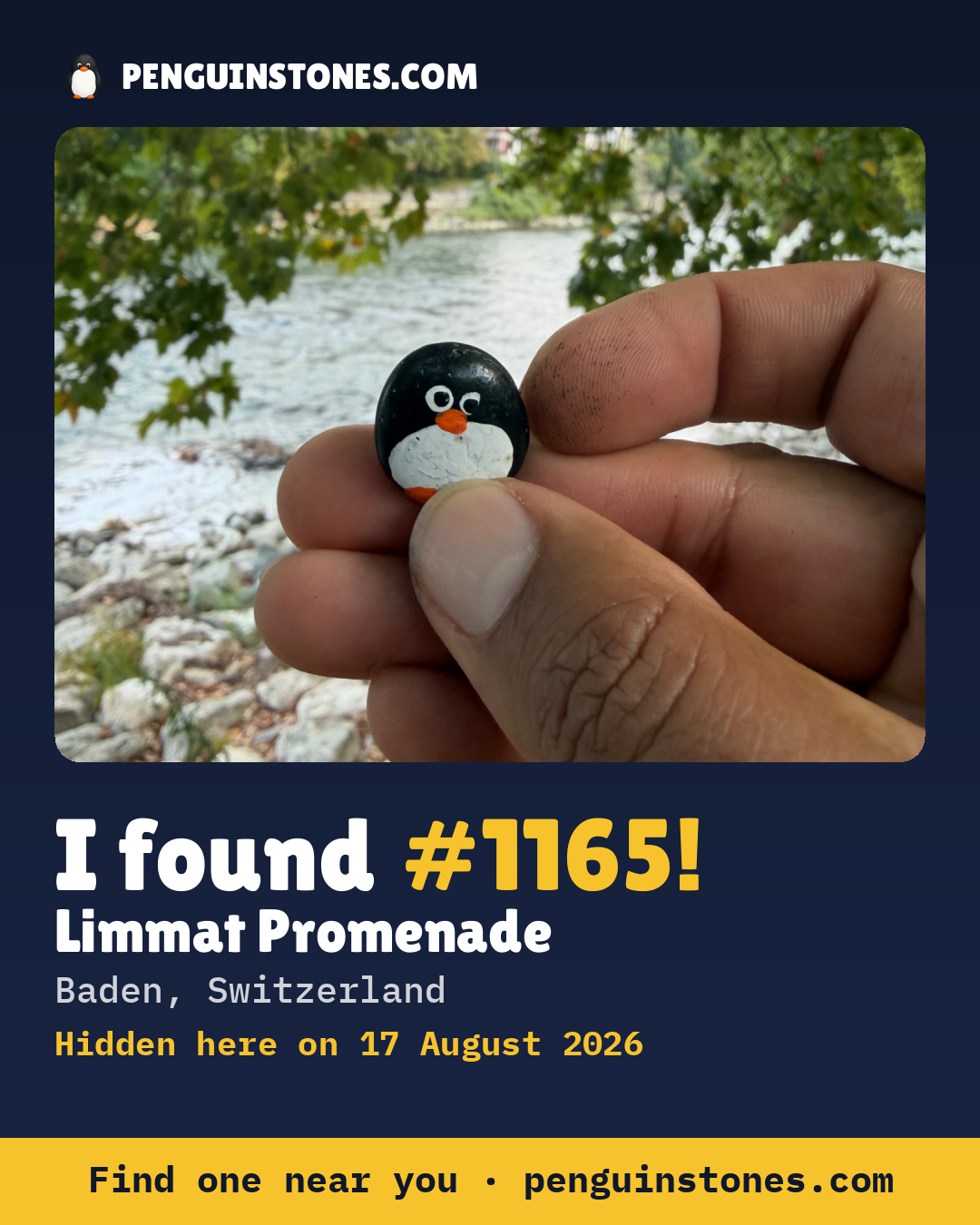 Obrázok s nápisom „I found #1165“: fotka kameňa, kde je a ako ďaleko docestoval