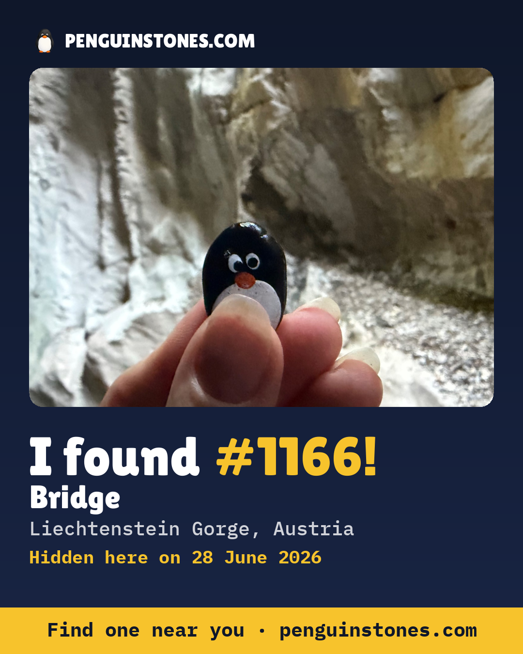 Obrázok s nápisom „I found #1166“: fotka kameňa, kde je a ako ďaleko docestoval