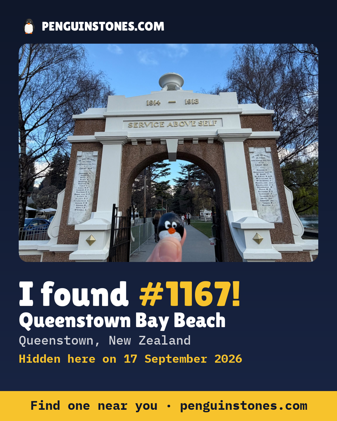 Obrázok s nápisom „I found #1167“: fotka kameňa, kde je a ako ďaleko docestoval