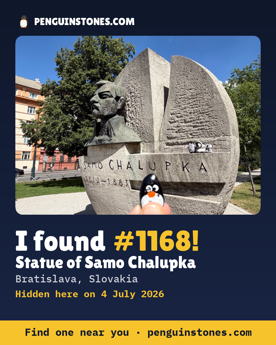 Obrázok s nápisom „I found #1168“: fotka kameňa, kde je a ako ďaleko docestoval