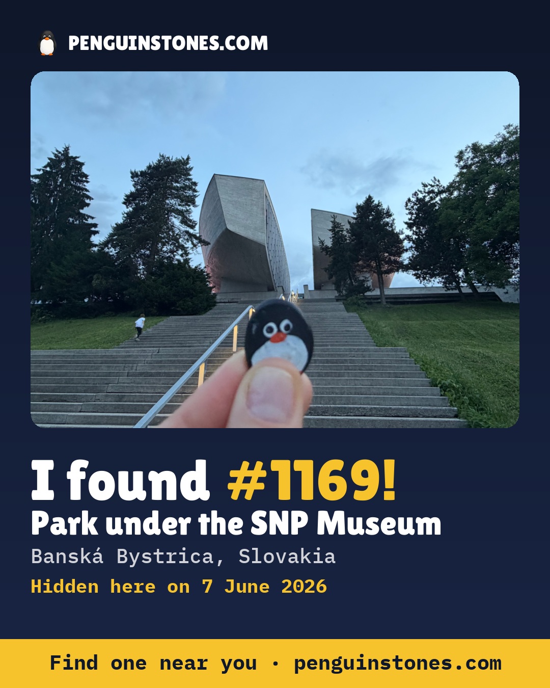 Obrázok s nápisom „I found #1169“: fotka kameňa, kde je a ako ďaleko docestoval