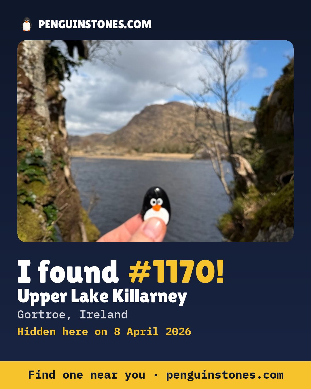 Obrázok s nápisom „I found #1170“: fotka kameňa, kde je a ako ďaleko docestoval