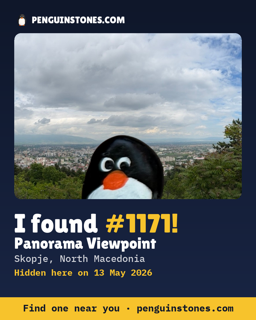 Obrázok s nápisom „I found #1171“: fotka kameňa, kde je a ako ďaleko docestoval