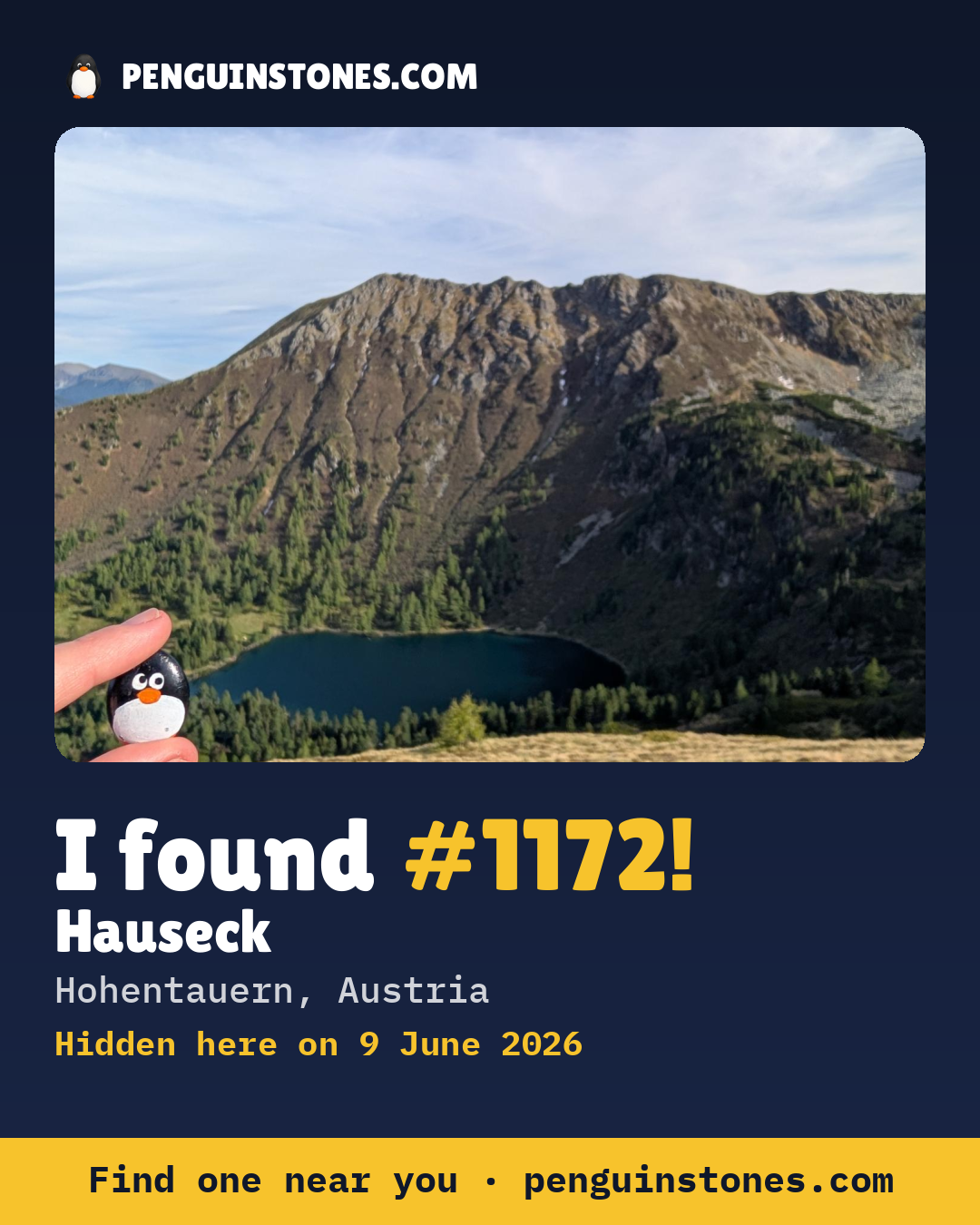 Obrázok s nápisom „I found #1172“: fotka kameňa, kde je a ako ďaleko docestoval