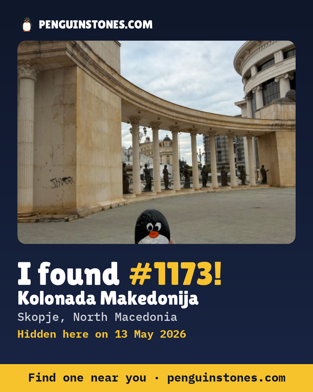 Obrázok s nápisom „I found #1173“: fotka kameňa, kde je a ako ďaleko docestoval