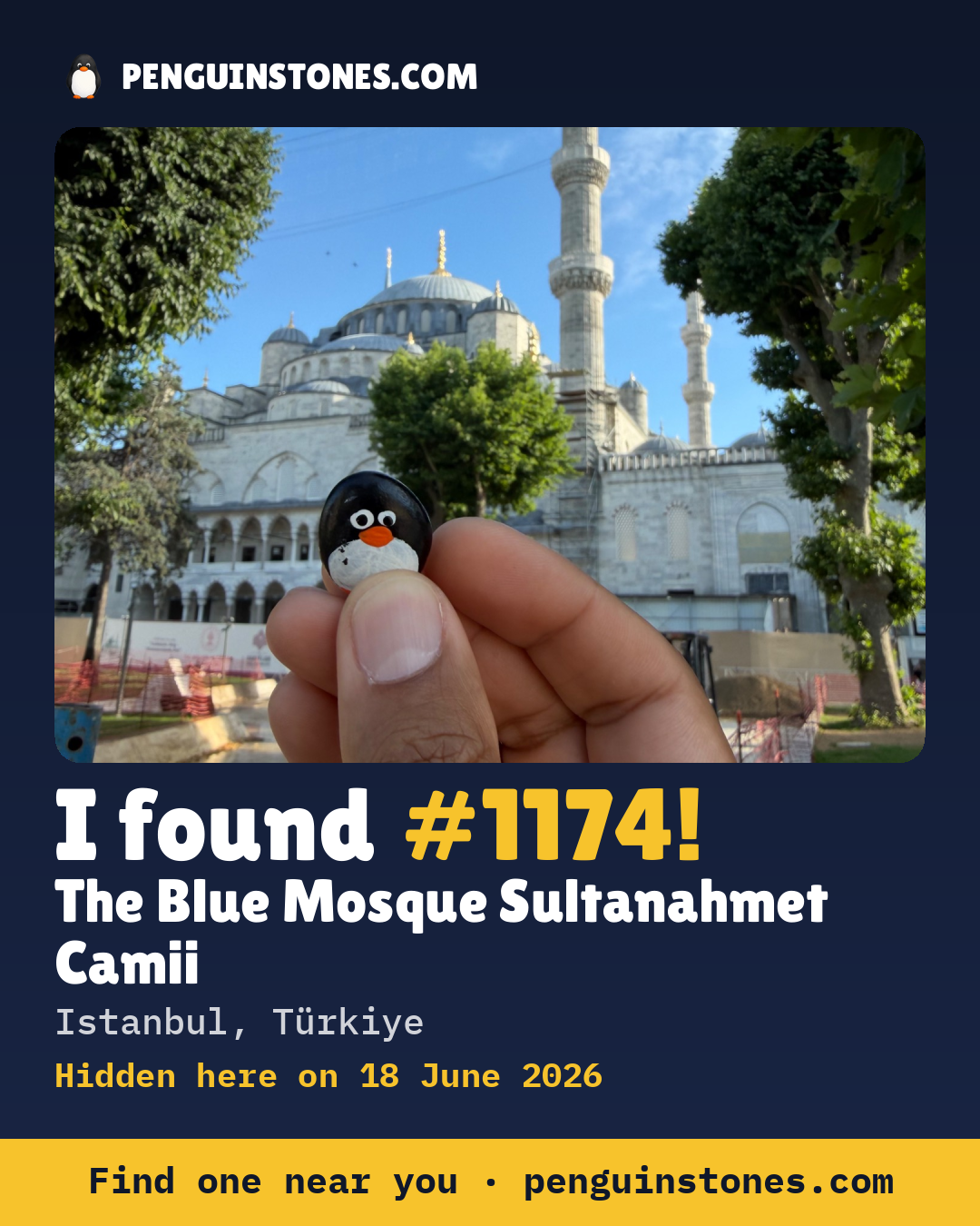 Obrázok s nápisom „I found #1174“: fotka kameňa, kde je a ako ďaleko docestoval