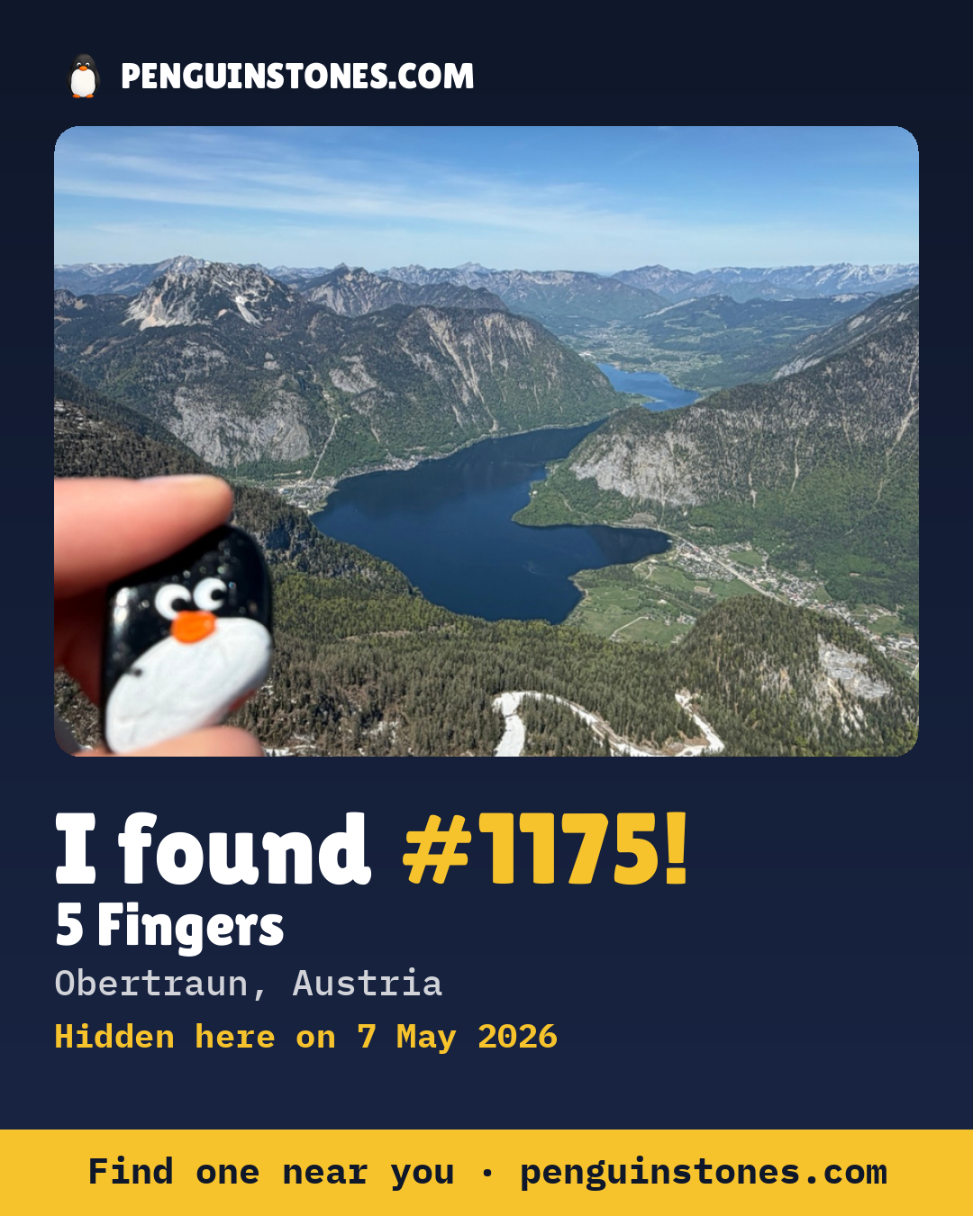 Obrázok s nápisom „I found #1175“: fotka kameňa, kde je a ako ďaleko docestoval