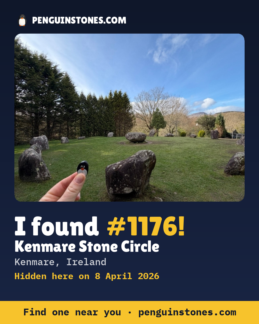Obrázok s nápisom „I found #1176“: fotka kameňa, kde je a ako ďaleko docestoval