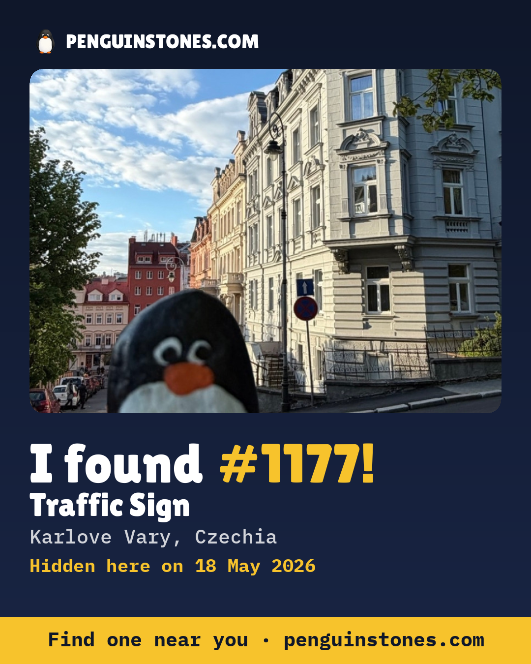 Obrázok s nápisom „I found #1177“: fotka kameňa, kde je a ako ďaleko docestoval