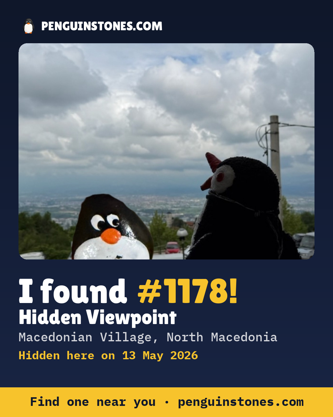 Obrázok s nápisom „I found #1178“: fotka kameňa, kde je a ako ďaleko docestoval