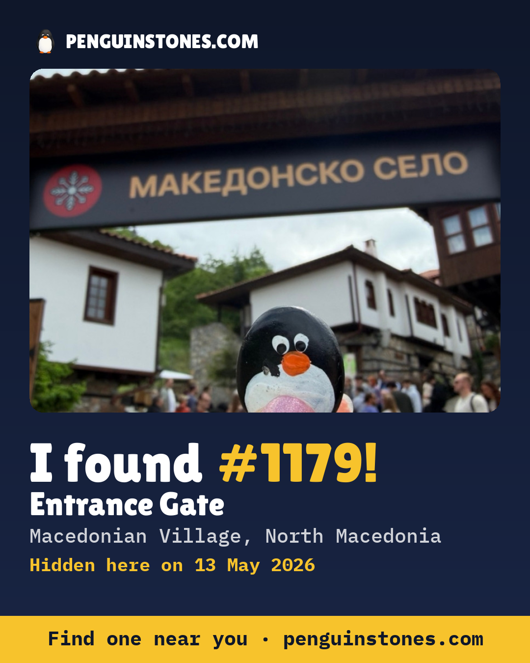 Obrázok s nápisom „I found #1179“: fotka kameňa, kde je a ako ďaleko docestoval