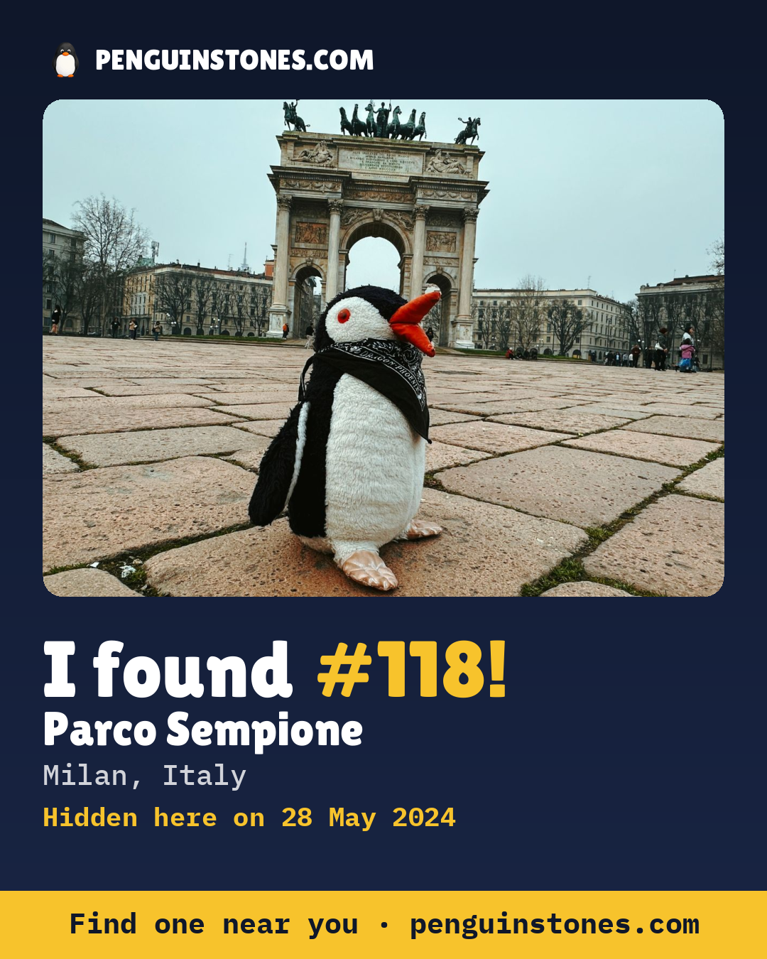 Obrázok s nápisom „I found #118“: fotka kameňa, kde je a ako ďaleko docestoval
