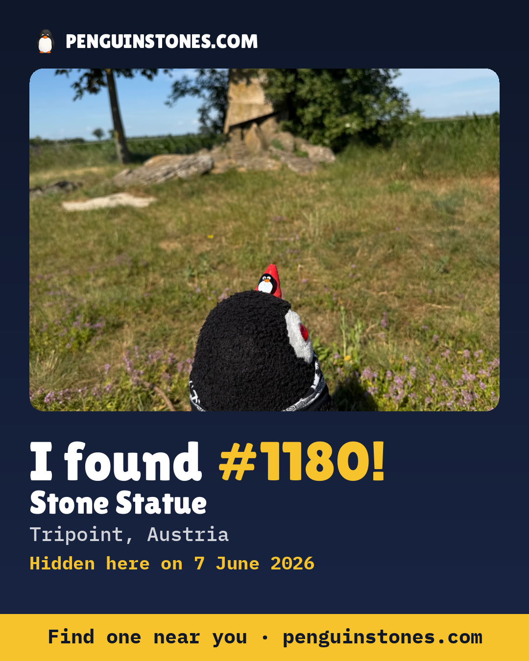 Obrázok s nápisom „I found #1180“: fotka kameňa, kde je a ako ďaleko docestoval