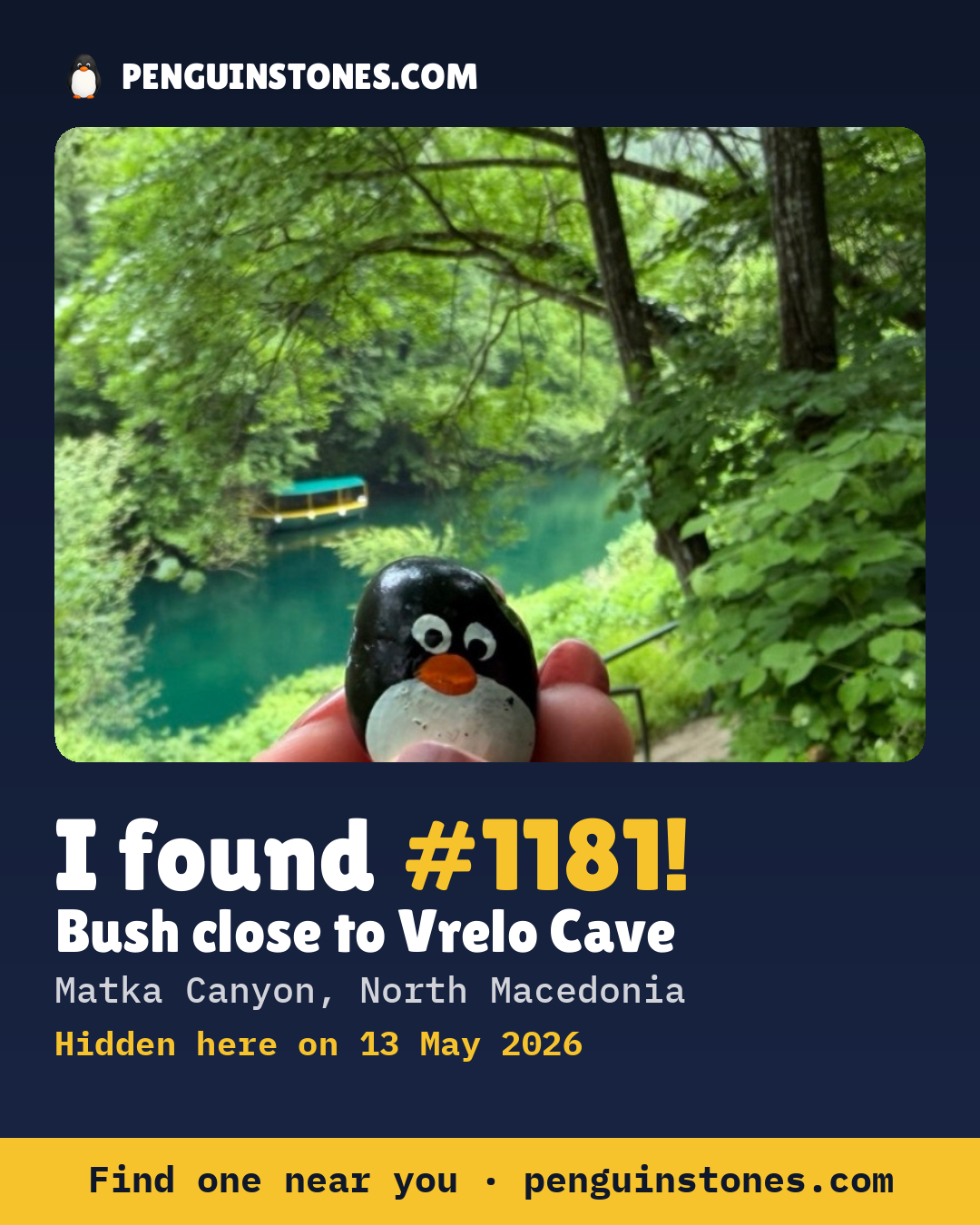 Obrázok s nápisom „I found #1181“: fotka kameňa, kde je a ako ďaleko docestoval