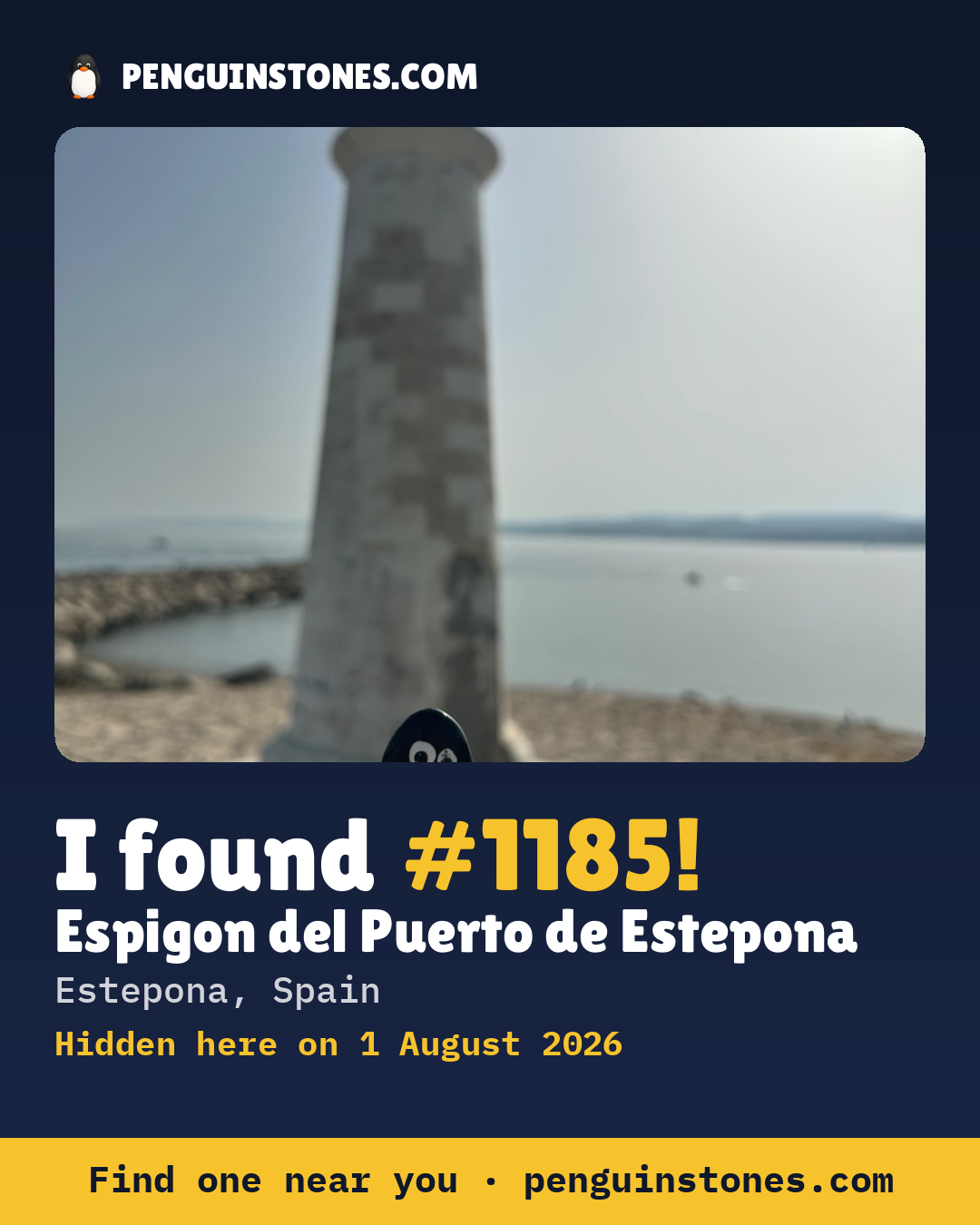 Obrázok s nápisom „I found #1185“: fotka kameňa, kde je a ako ďaleko docestoval