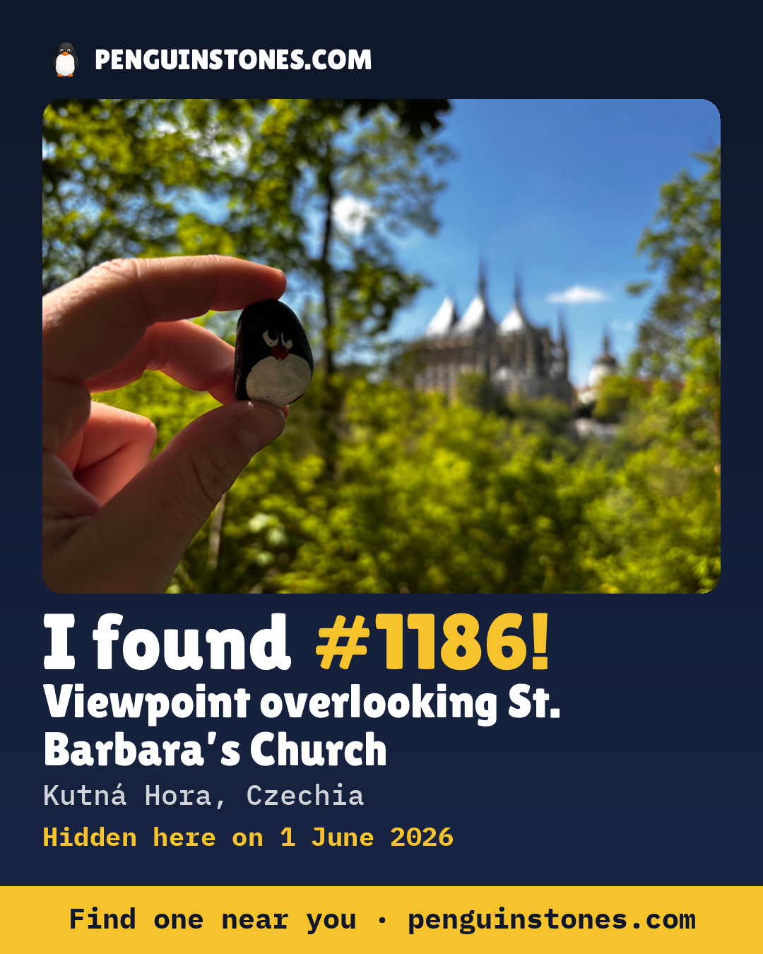 Obrázok s nápisom „I found #1186“: fotka kameňa, kde je a ako ďaleko docestoval