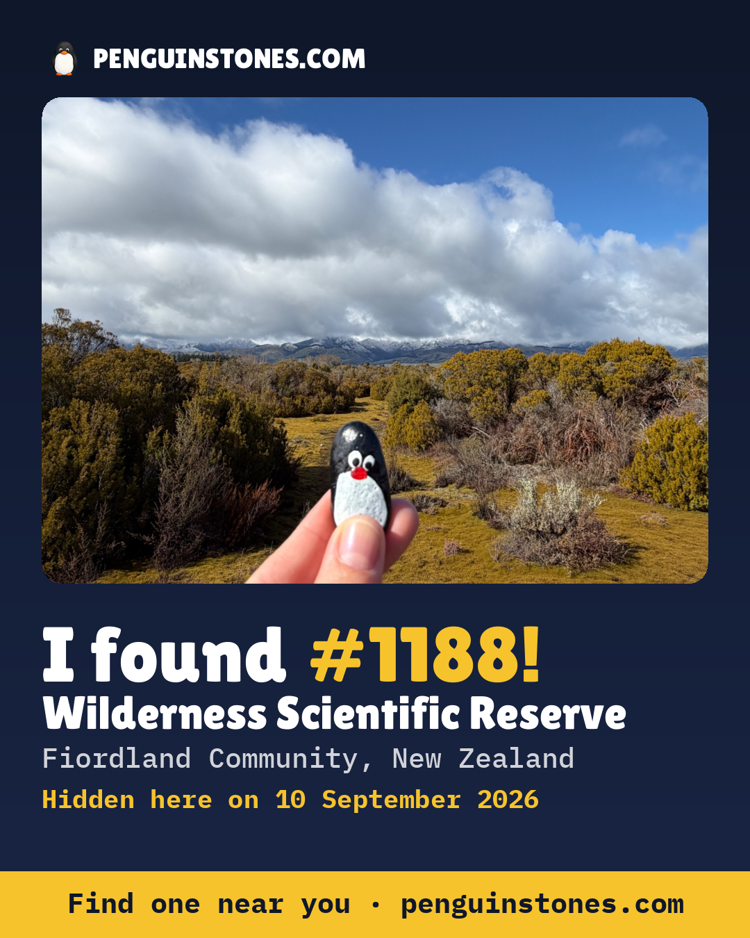Obrázok s nápisom „I found #1188“: fotka kameňa, kde je a ako ďaleko docestoval