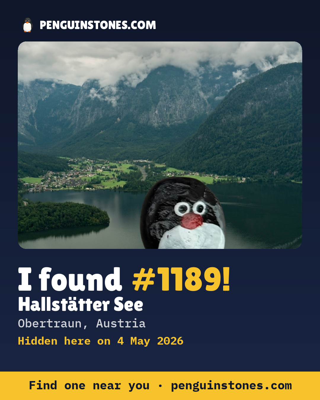 Obrázok s nápisom „I found #1189“: fotka kameňa, kde je a ako ďaleko docestoval