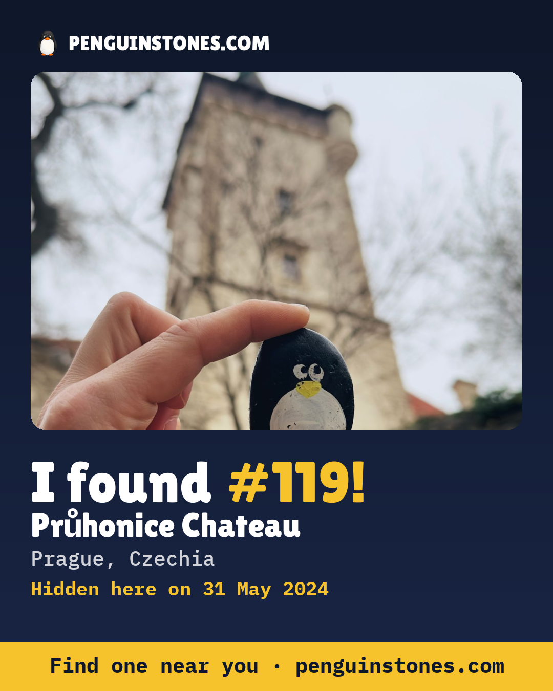 Obrázok s nápisom „I found #119“: fotka kameňa, kde je a ako ďaleko docestoval