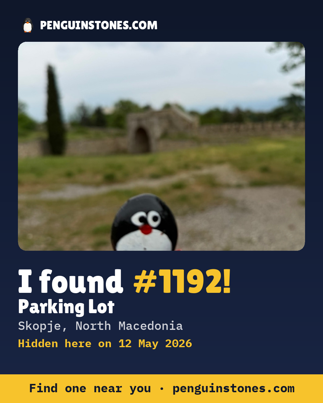 Obrázok s nápisom „I found #1192“: fotka kameňa, kde je a ako ďaleko docestoval