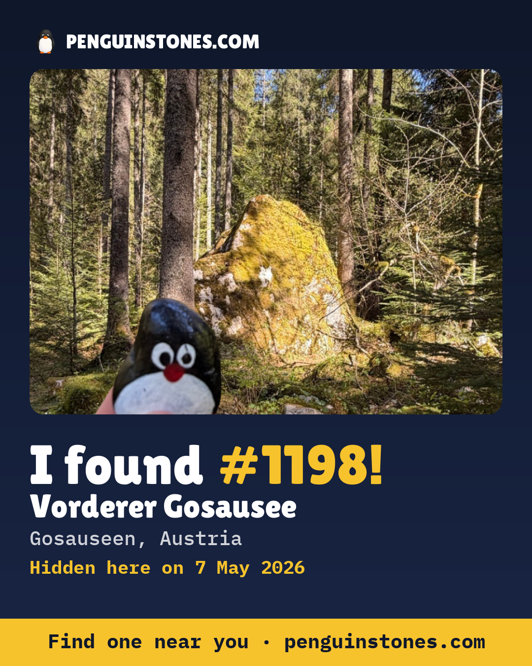 Obrázok s nápisom „I found #1198“: fotka kameňa, kde je a ako ďaleko docestoval