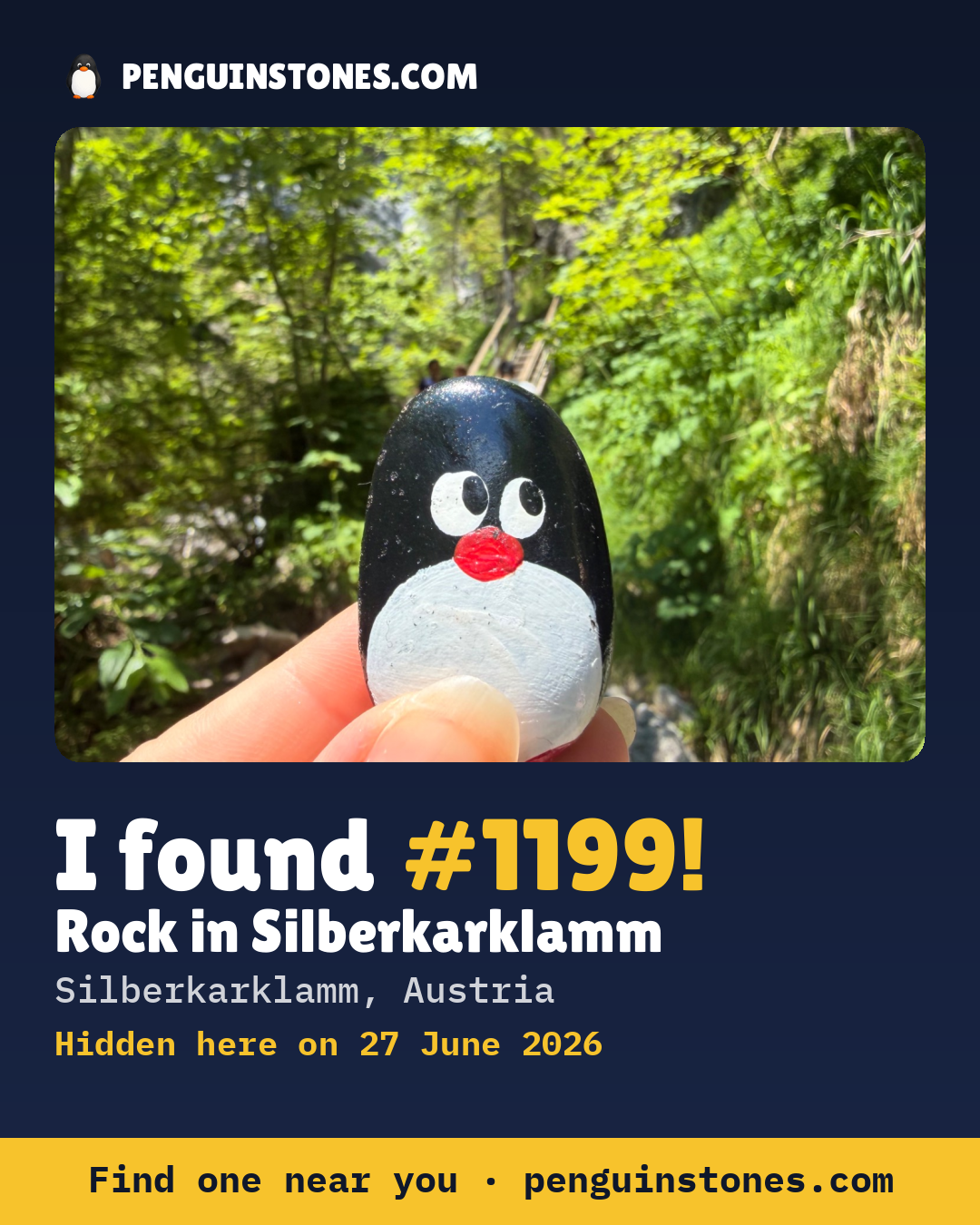 Obrázok s nápisom „I found #1199“: fotka kameňa, kde je a ako ďaleko docestoval
