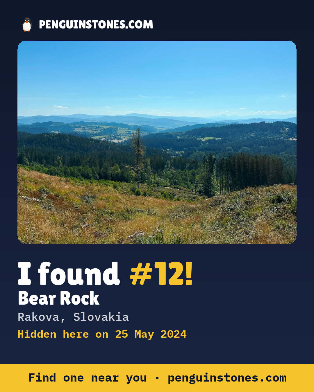 Obrázok s nápisom „I found #12“: fotka kameňa, kde je a ako ďaleko docestoval