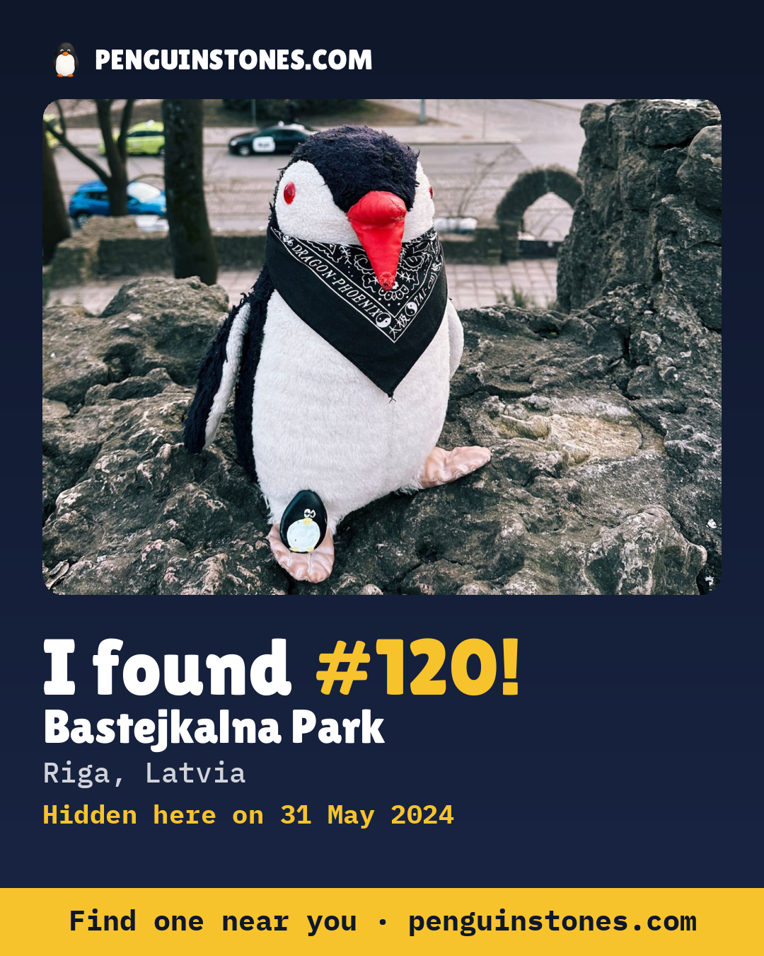 Obrázok s nápisom „I found #120“: fotka kameňa, kde je a ako ďaleko docestoval