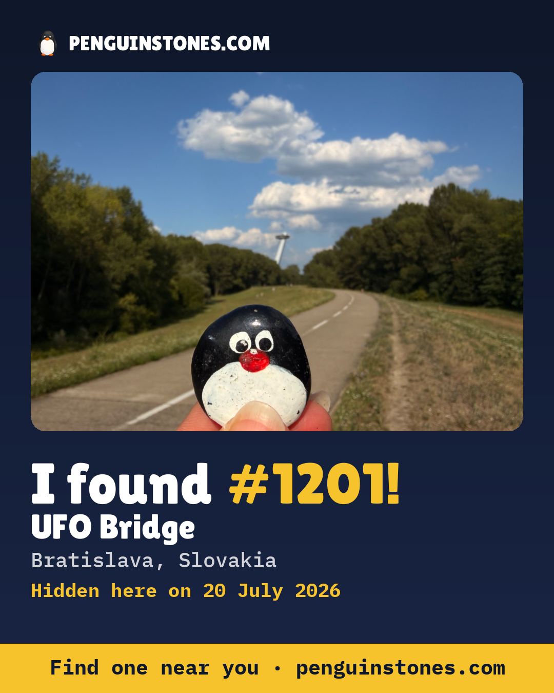 Obrázok s nápisom „I found #1201“: fotka kameňa, kde je a ako ďaleko docestoval