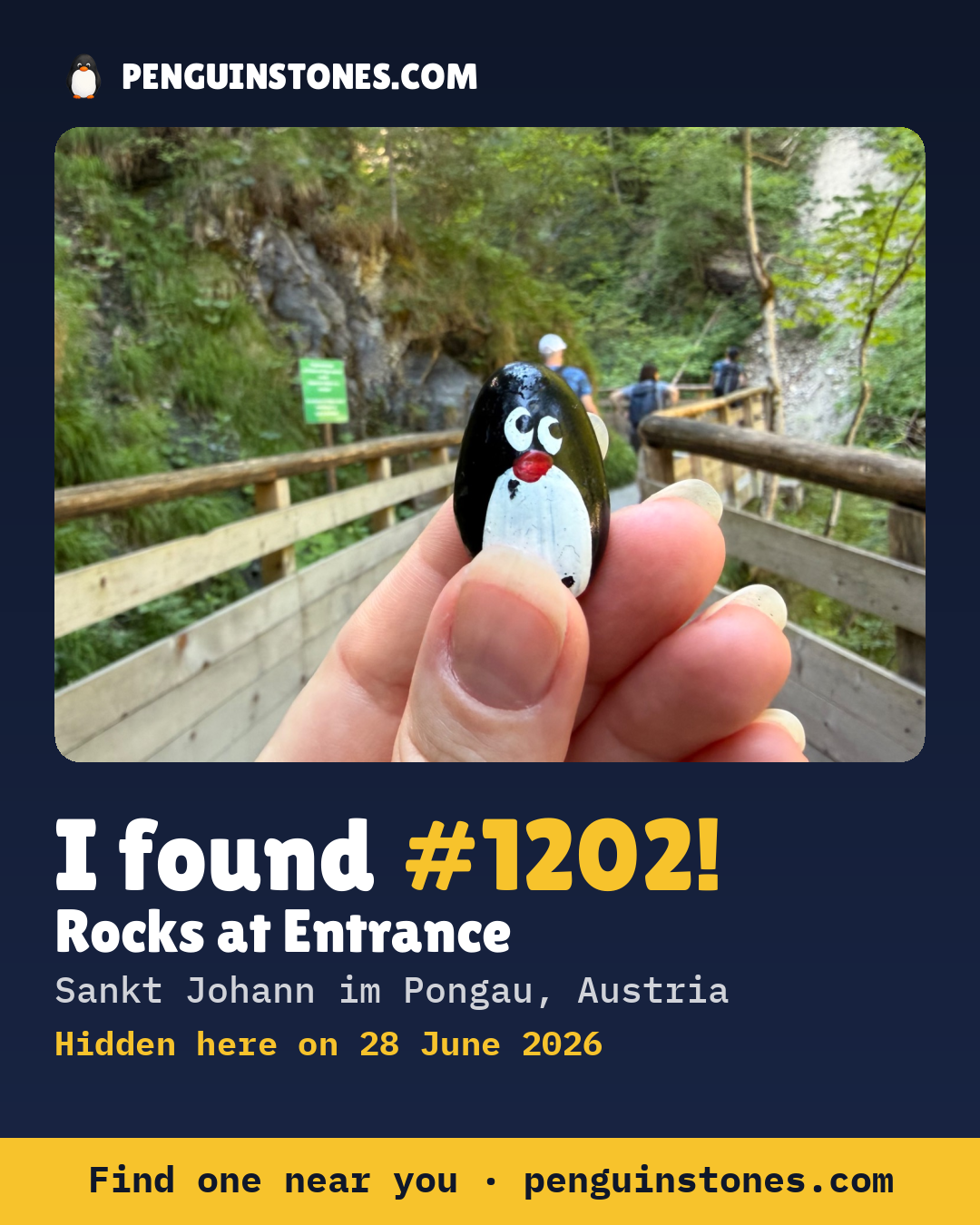 Obrázok s nápisom „I found #1202“: fotka kameňa, kde je a ako ďaleko docestoval