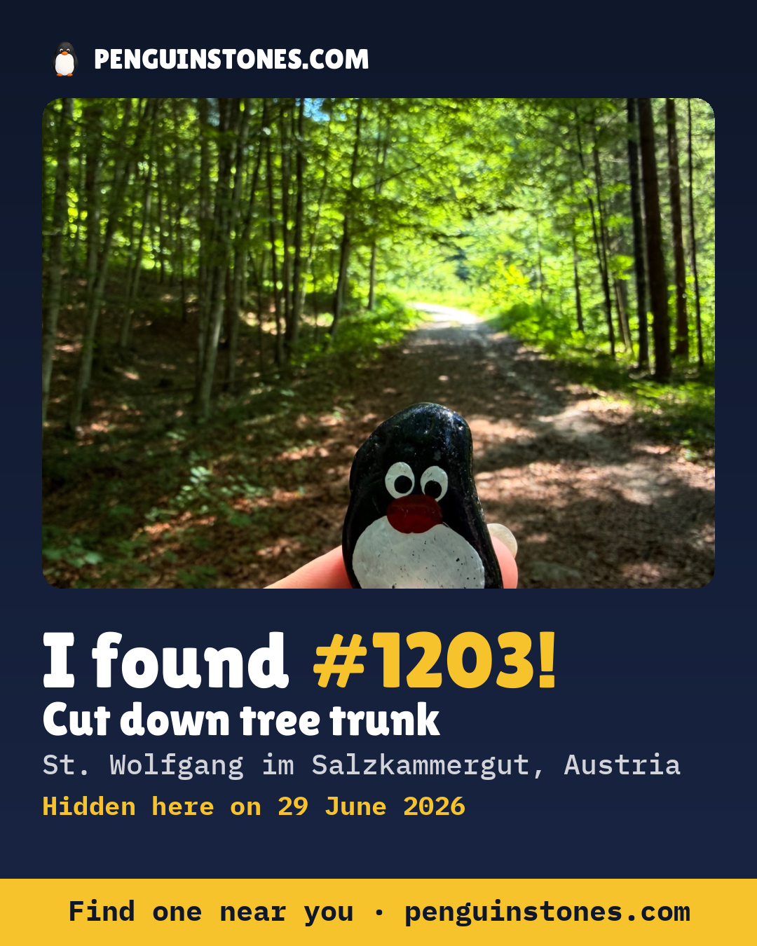 Obrázok s nápisom „I found #1203“: fotka kameňa, kde je a ako ďaleko docestoval