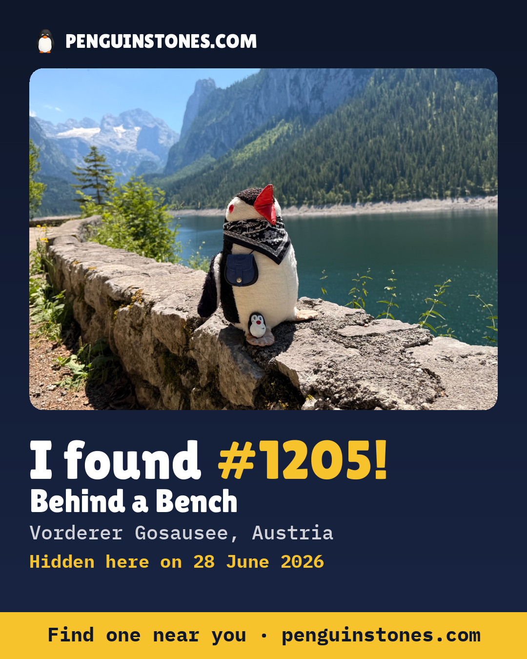 Obrázok s nápisom „I found #1205“: fotka kameňa, kde je a ako ďaleko docestoval