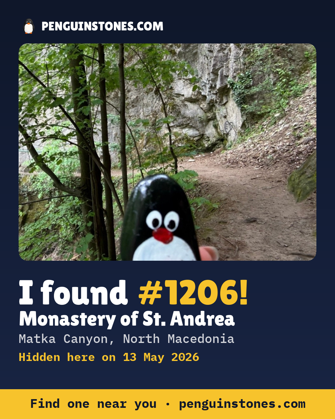 Obrázok s nápisom „I found #1206“: fotka kameňa, kde je a ako ďaleko docestoval