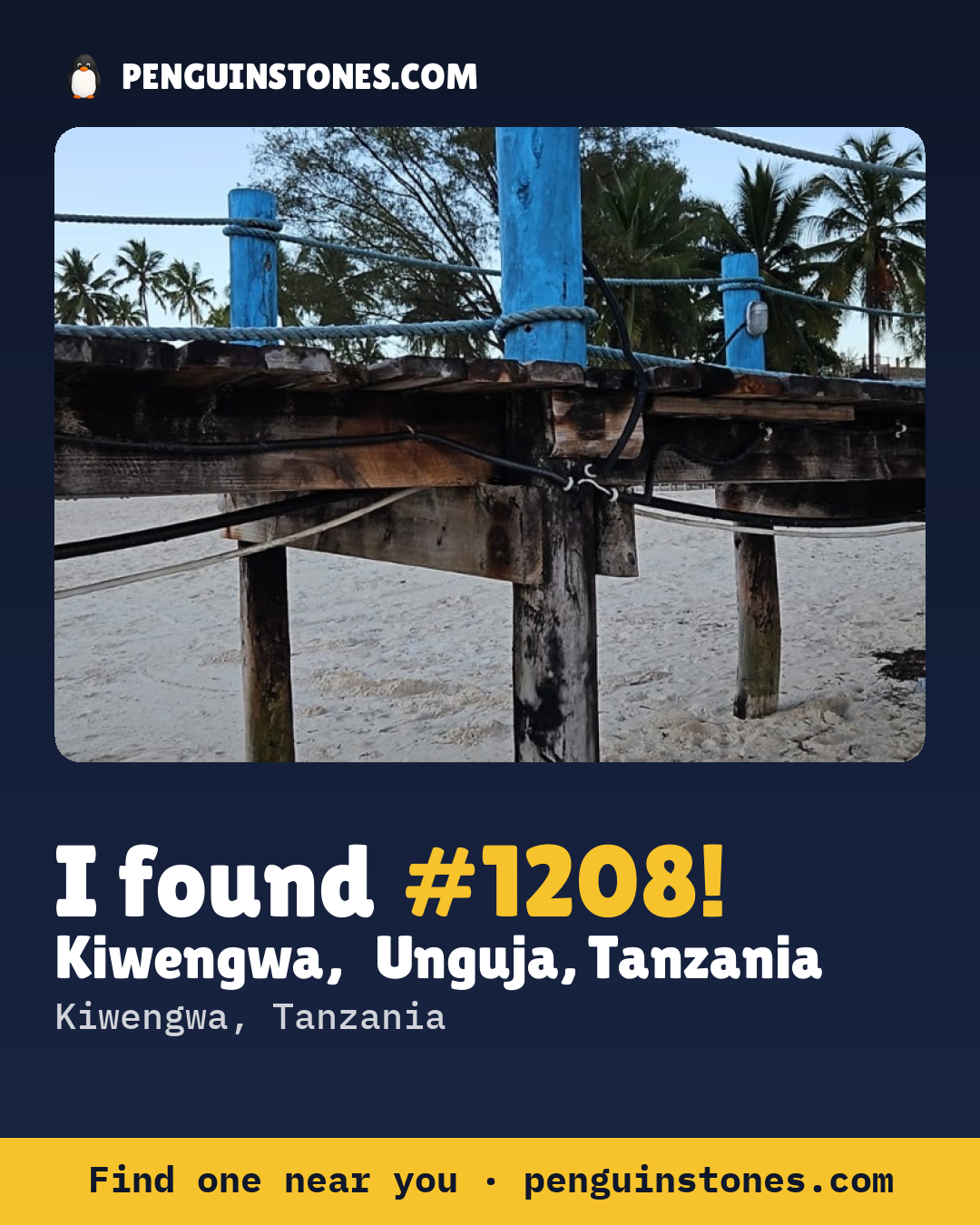 Obrázok s nápisom „I found #1208“: fotka kameňa, kde je a ako ďaleko docestoval