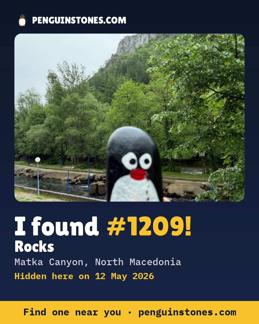 Obrázok s nápisom „I found #1209“: fotka kameňa, kde je a ako ďaleko docestoval