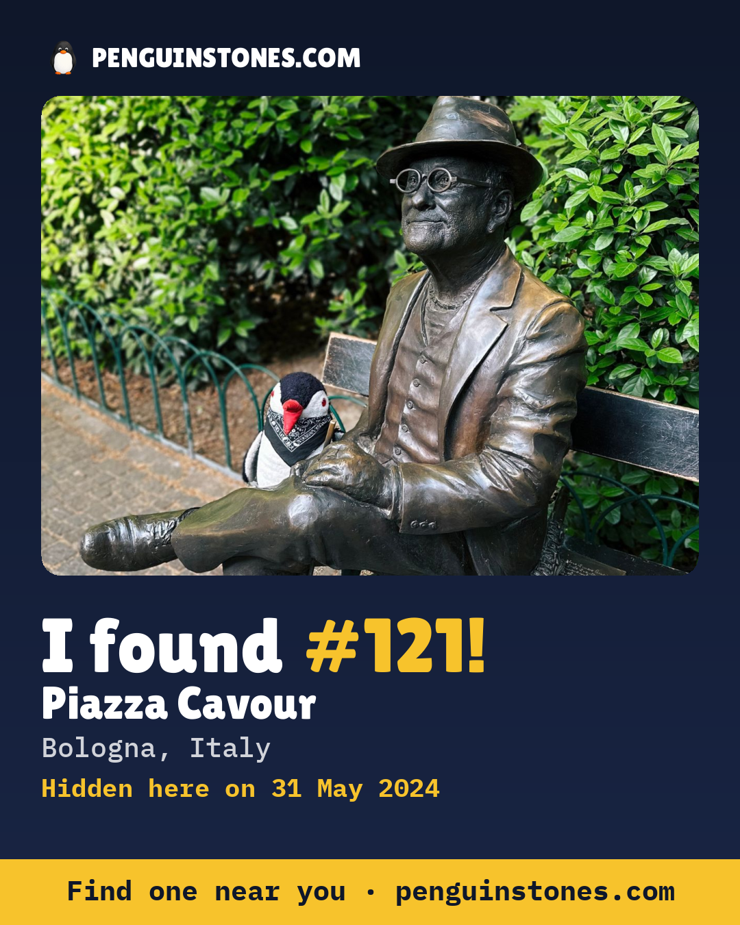 Obrázok s nápisom „I found #121“: fotka kameňa, kde je a ako ďaleko docestoval
