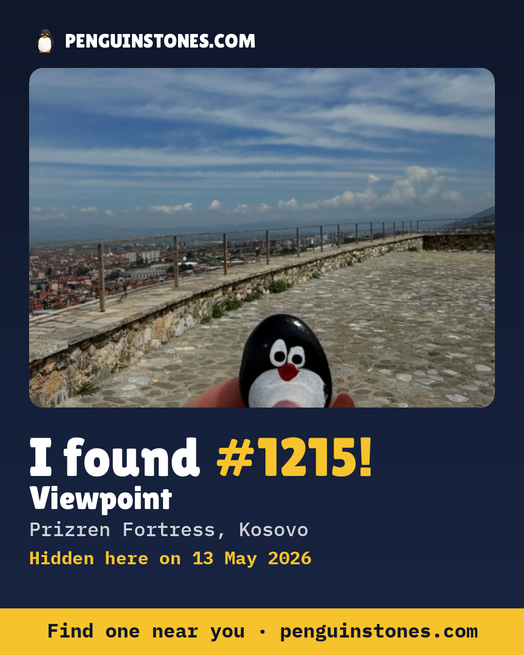 Obrázok s nápisom „I found #1215“: fotka kameňa, kde je a ako ďaleko docestoval