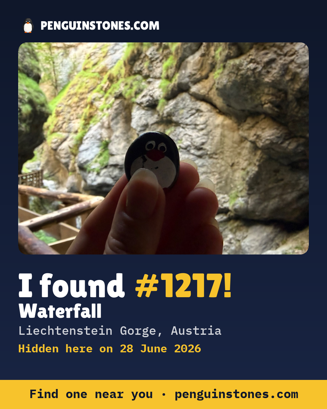 Obrázok s nápisom „I found #1217“: fotka kameňa, kde je a ako ďaleko docestoval