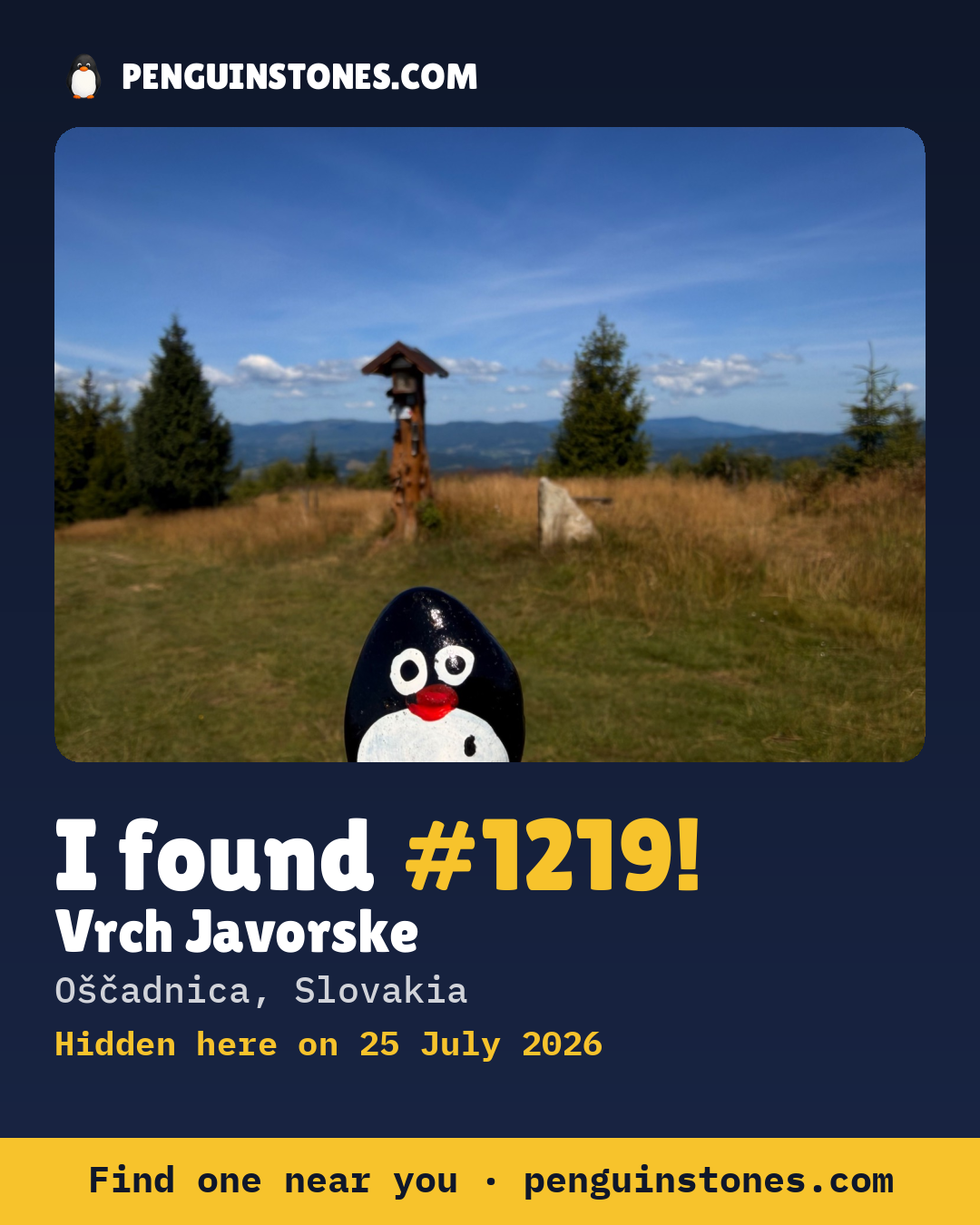 Obrázok s nápisom „I found #1219“: fotka kameňa, kde je a ako ďaleko docestoval