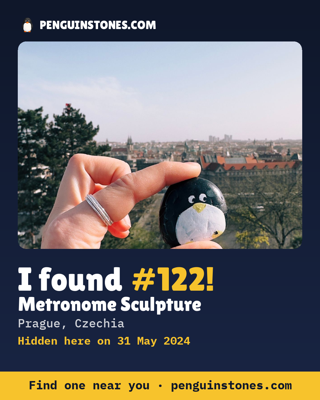 Obrázok s nápisom „I found #122“: fotka kameňa, kde je a ako ďaleko docestoval