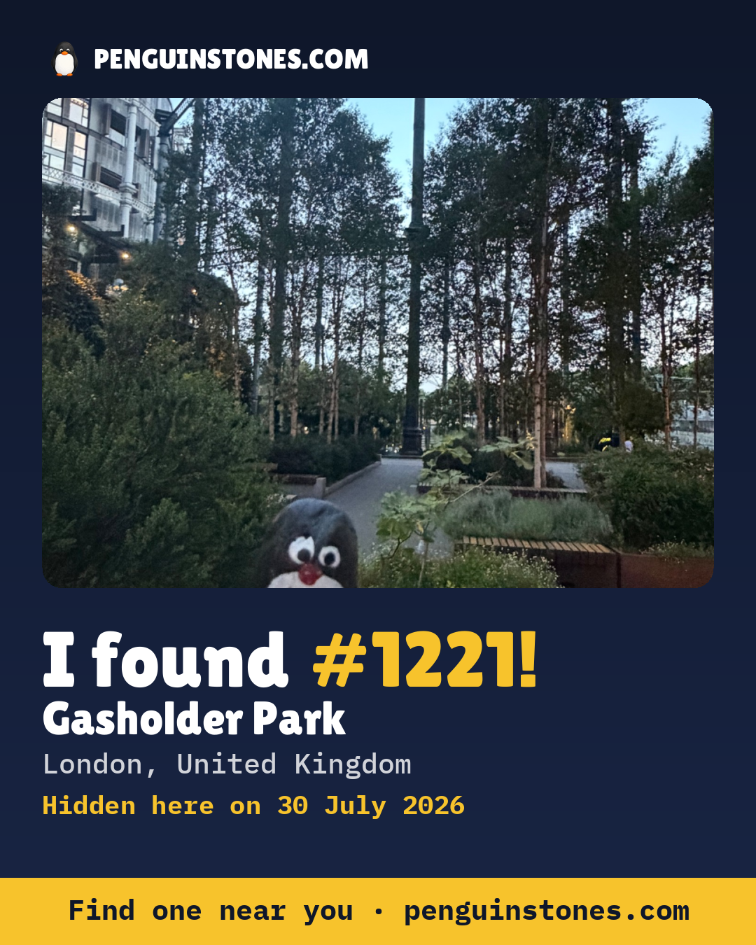 Obrázok s nápisom „I found #1221“: fotka kameňa, kde je a ako ďaleko docestoval