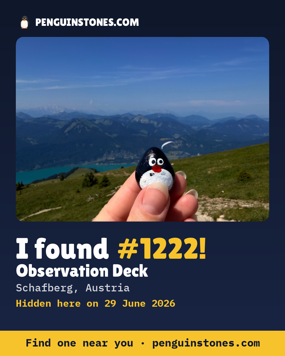 Obrázok s nápisom „I found #1222“: fotka kameňa, kde je a ako ďaleko docestoval