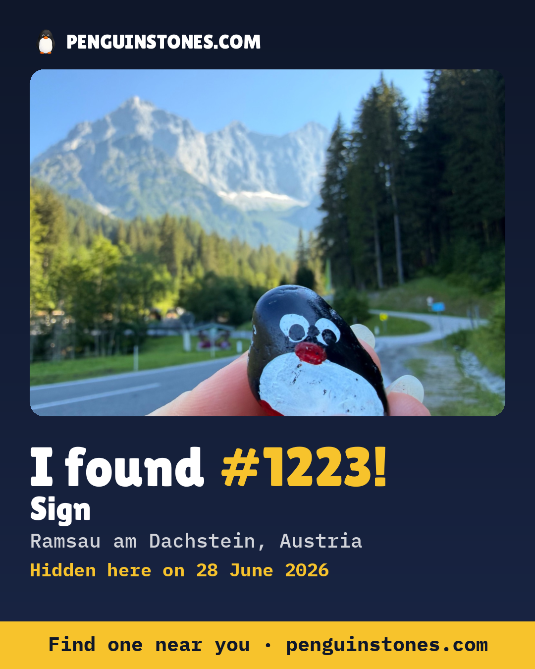 Obrázok s nápisom „I found #1223“: fotka kameňa, kde je a ako ďaleko docestoval