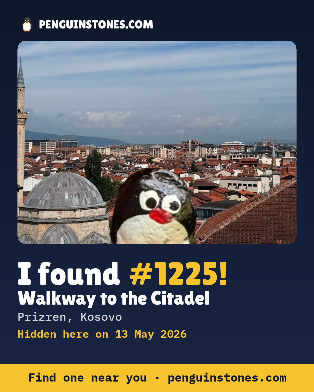 Obrázok s nápisom „I found #1225“: fotka kameňa, kde je a ako ďaleko docestoval