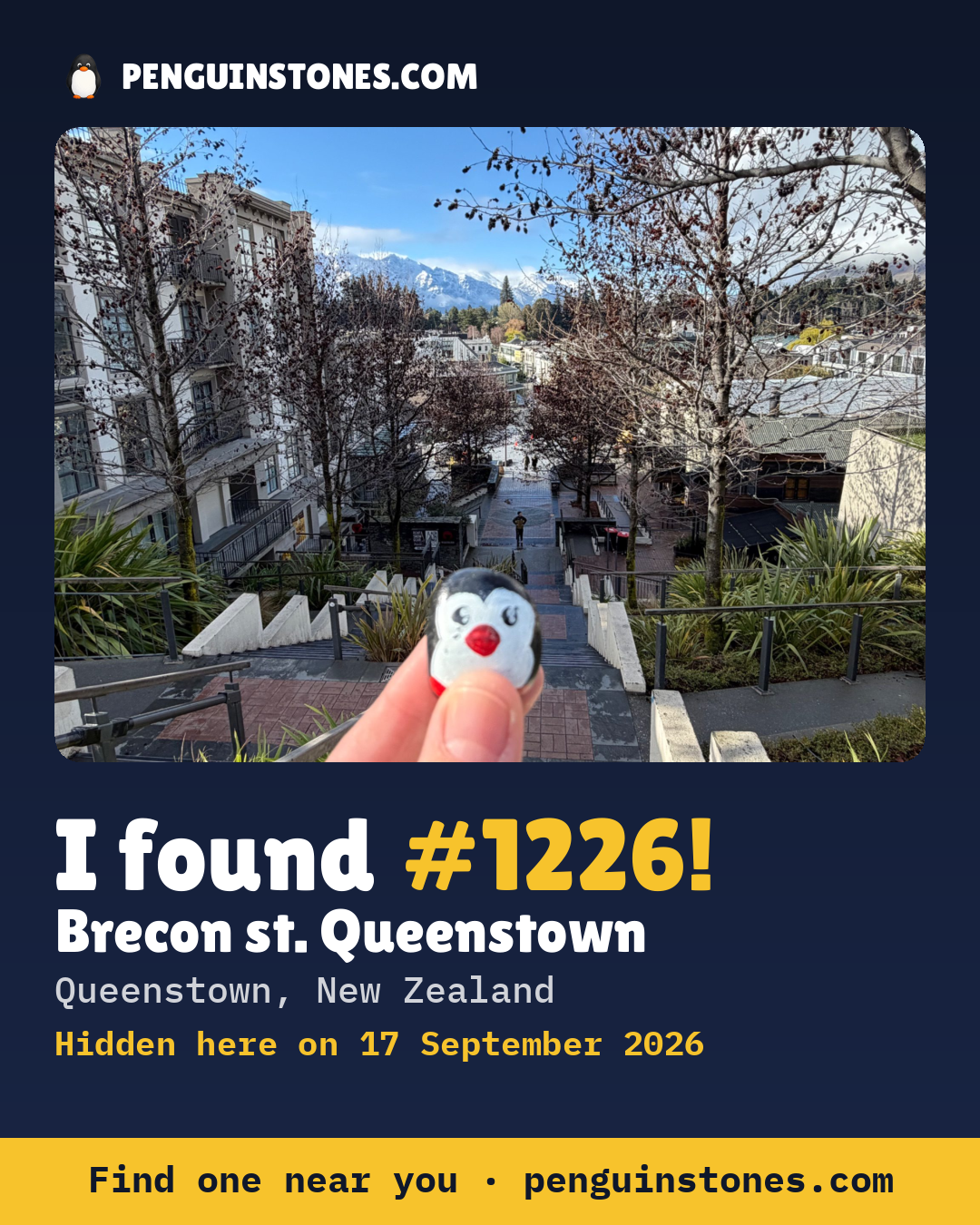 Obrázok s nápisom „I found #1226“: fotka kameňa, kde je a ako ďaleko docestoval