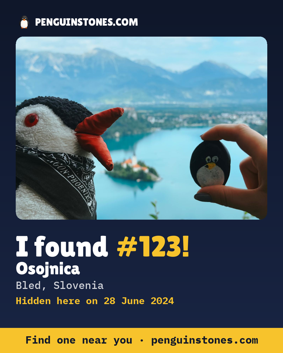 Obrázok s nápisom „I found #123“: fotka kameňa, kde je a ako ďaleko docestoval