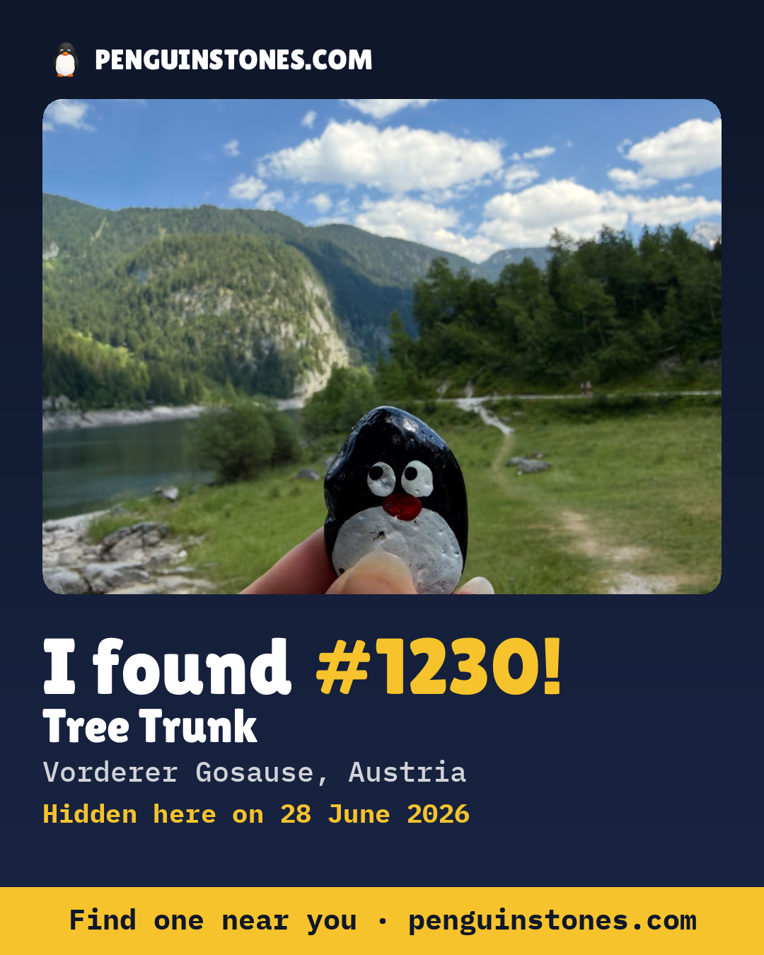 Obrázok s nápisom „I found #1230“: fotka kameňa, kde je a ako ďaleko docestoval
